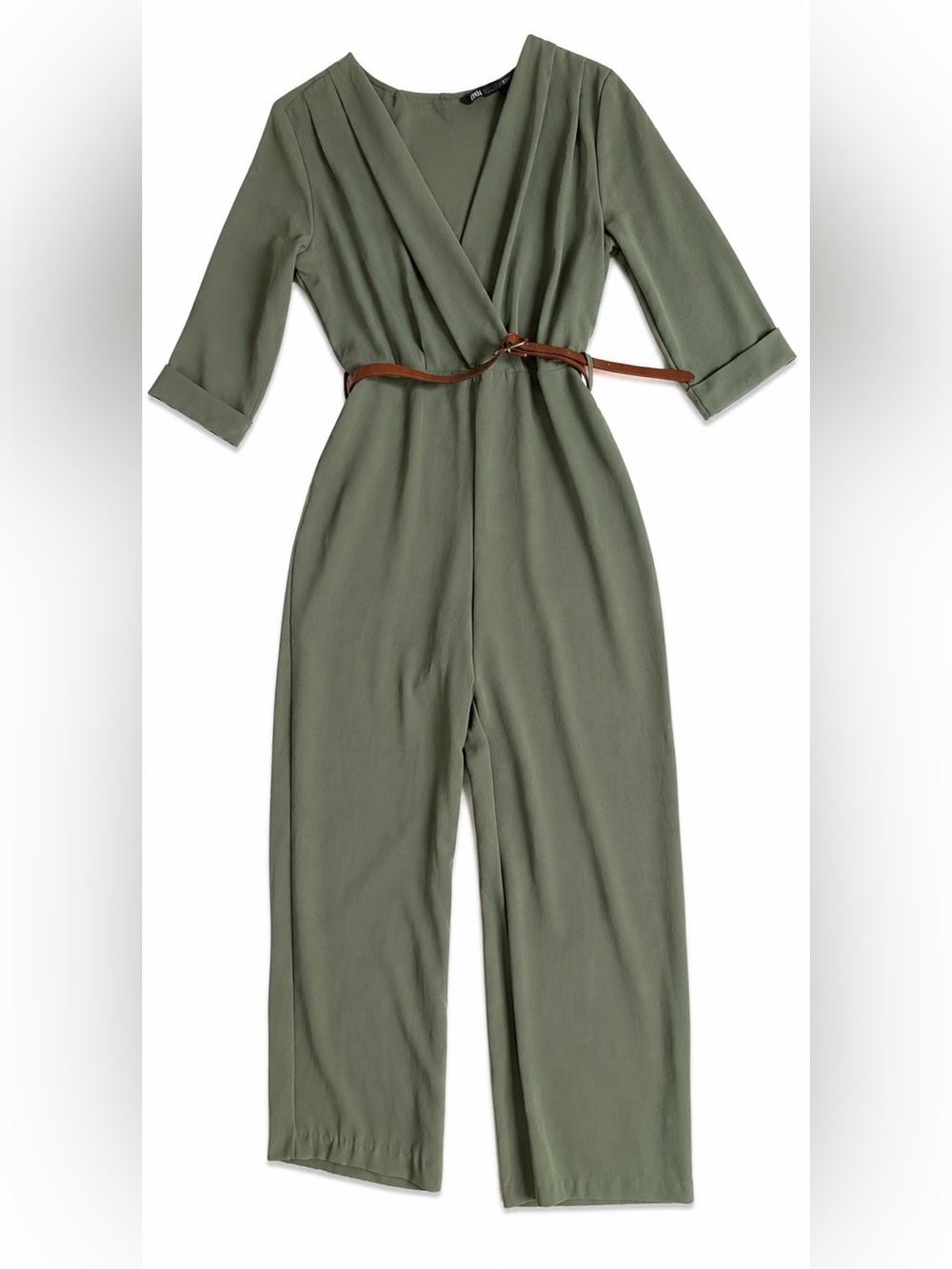 NWOT ZARA Olive Green long Jumpsuit with Brown Belt